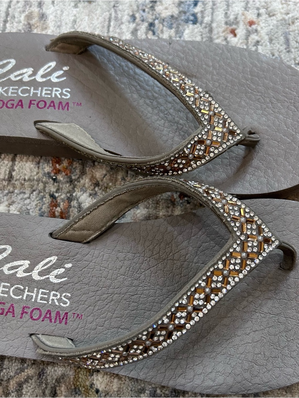 Skechers Taupe Embellished Crystal Thong Sandals